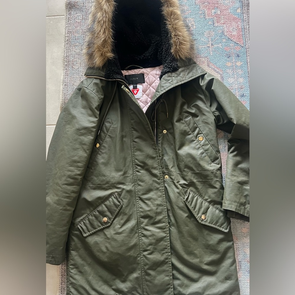 J. Crew Weatherproof Olive Utility Coat with Faux Fur Hood